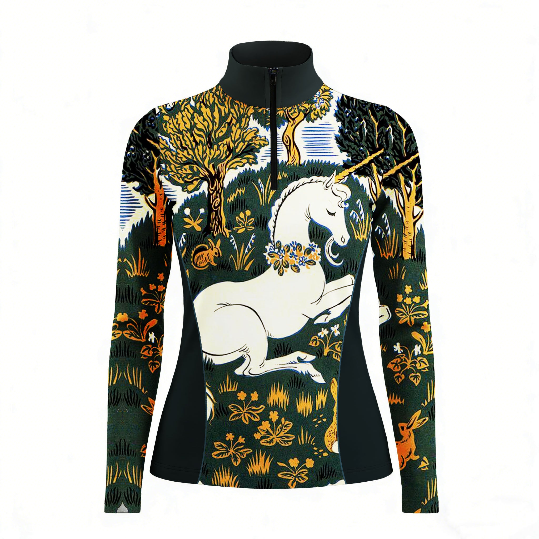 White background studio shot of medieval unicorn tapestry long sleeve quarter zip riding top
