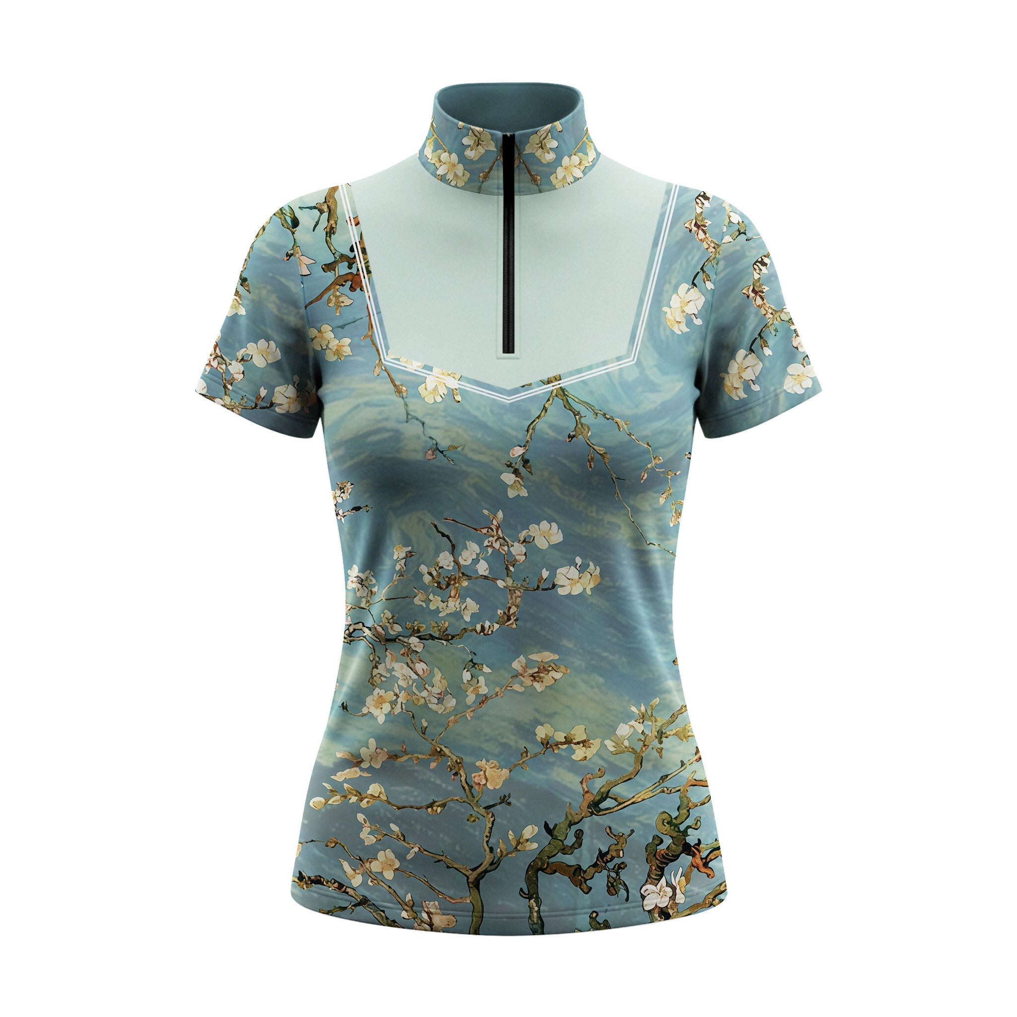 Full-body model shot wearing iconic Van Gogh floral oil print V panel short sleeve top at outdoor equestrian show jumping arena with spectator stands, holding riding crop
