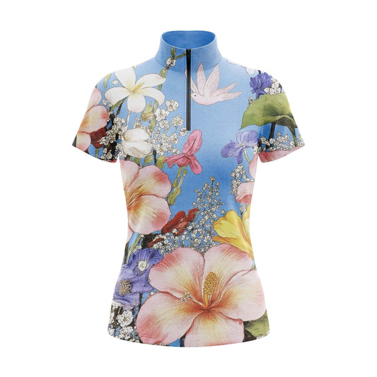 Studio flat view of the Vibrant Watercolor Floral & Bird Print Short-Sleeve Quarter-Zip Riding Top, showcasing the full print details
