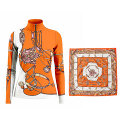 White‑background studio mockup showing long‑sleeve riding top alongside matching printed scarf, orange white vintage equestrian hardware print
