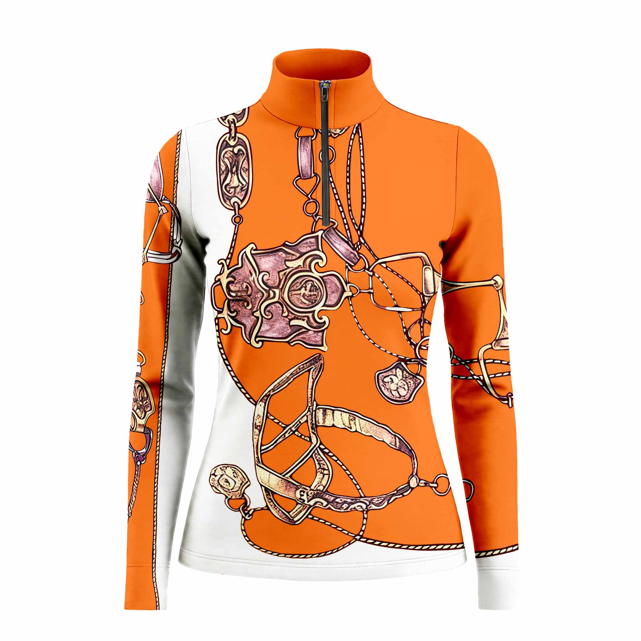 Clean white‑background studio mockup of orange‑white quarter‑zip long‑sleeve riding top with vintage scarf‑style bridle‑bit print