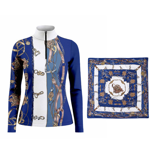 White‑background studio mockup showing riding top alongside matching printed scarf, navy white vintage equestrian hardware print