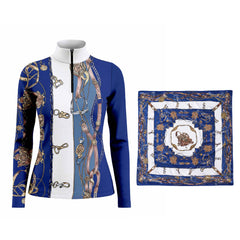 White‑background studio mockup showing riding top alongside matching printed scarf, navy white vintage equestrian hardware print