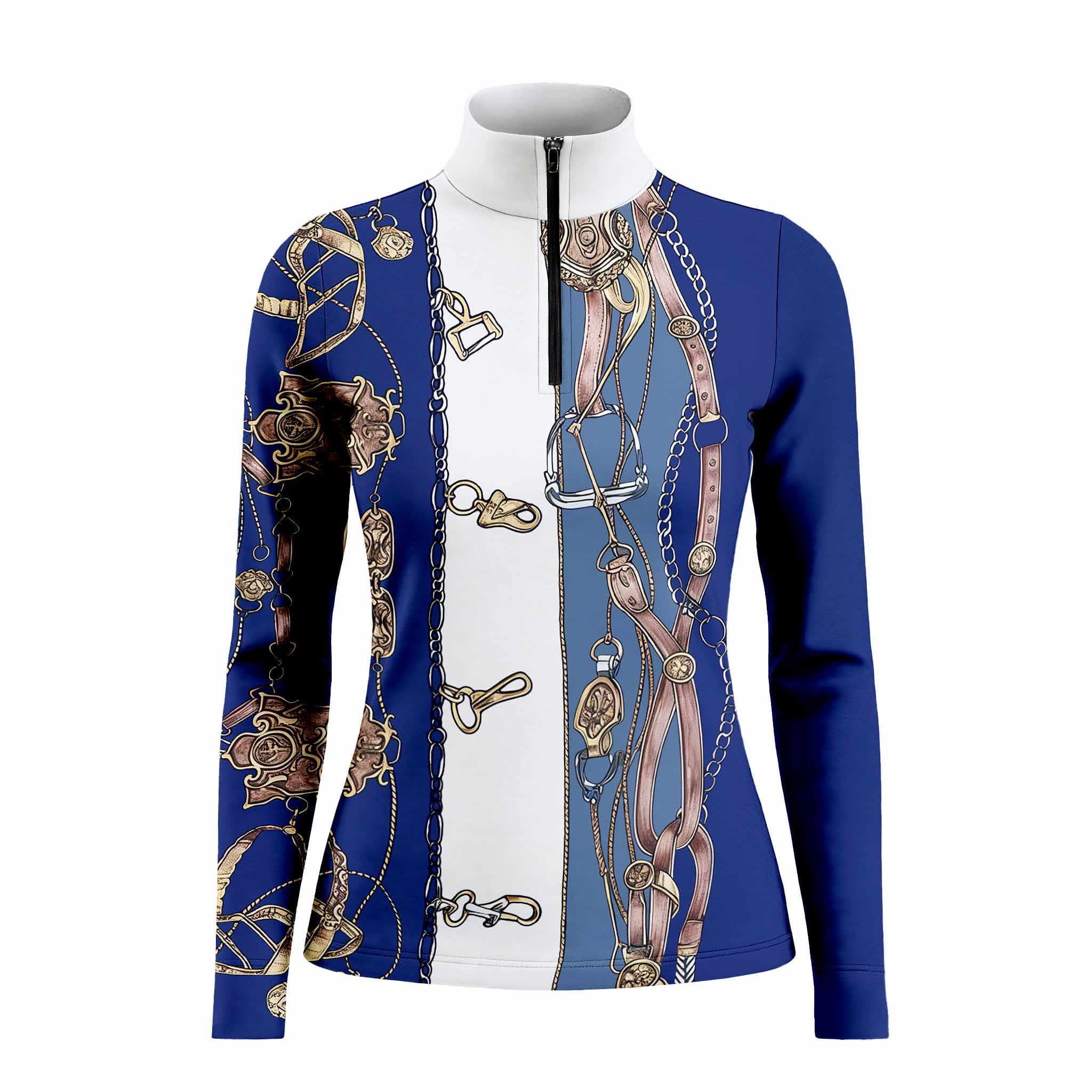 Clean white‑background studio mockup of navy‑blue‑white quarter‑zip long‑sleeve riding top with vintage scarf‑style bridle‑bit‑chain print