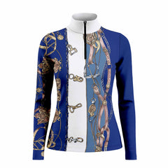 Clean white‑background studio mockup of navy‑blue‑white quarter‑zip long‑sleeve riding top with vintage scarf‑style bridle‑bit‑chain print