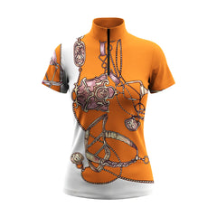 Clean white‑background studio mockup of orange‑white quarter‑zip short‑sleeve riding top with vintage scarf‑style bridle‑bit print