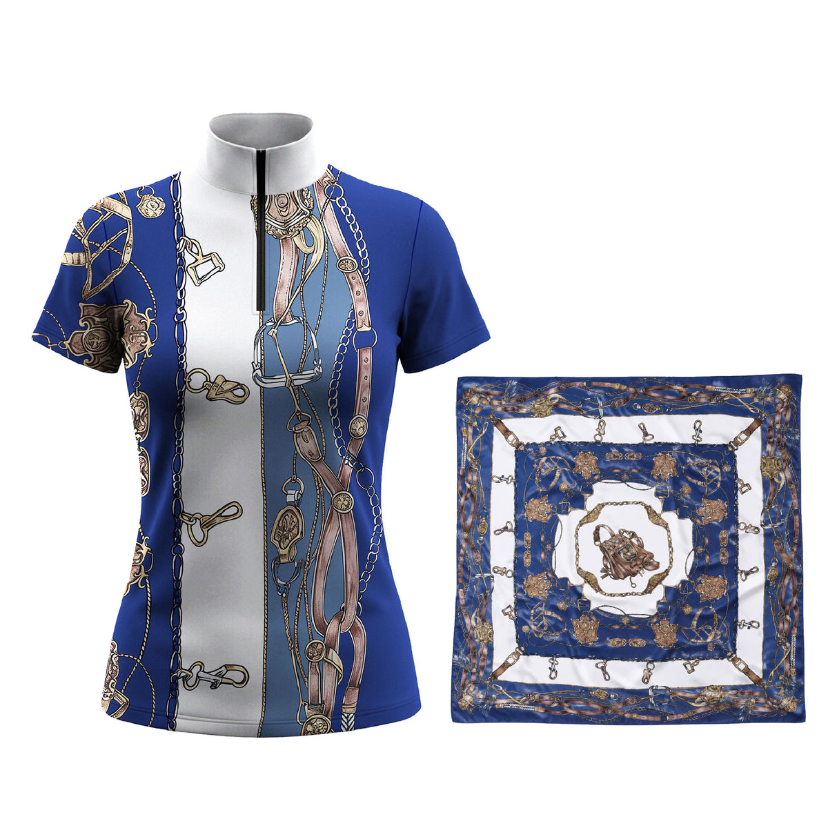 White‑background studio mockup showing short‑sleeve riding top alongside matching printed scarf, navy white vintage equestrian hardware print