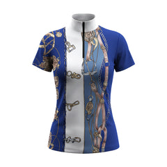Clean white‑background studio mockup of navy‑blue‑white quarter‑zip short‑sleeve riding top with vintage scarf‑style bridle‑bit‑chain print
