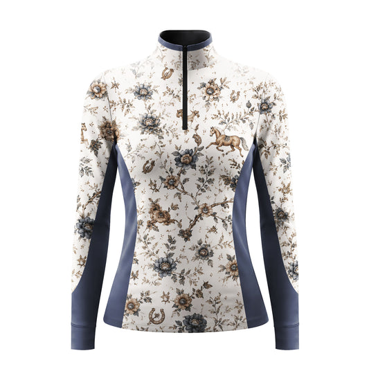 White background studio shot of vintage floral horseshoe pony print navy color block quarter zip long sleeve riding top