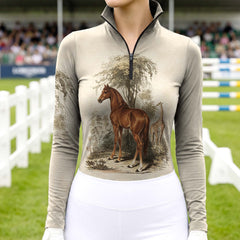Model wearing rare antique wildlife illustration riding top at outdoor equestrian show jumping arena with spectator stands