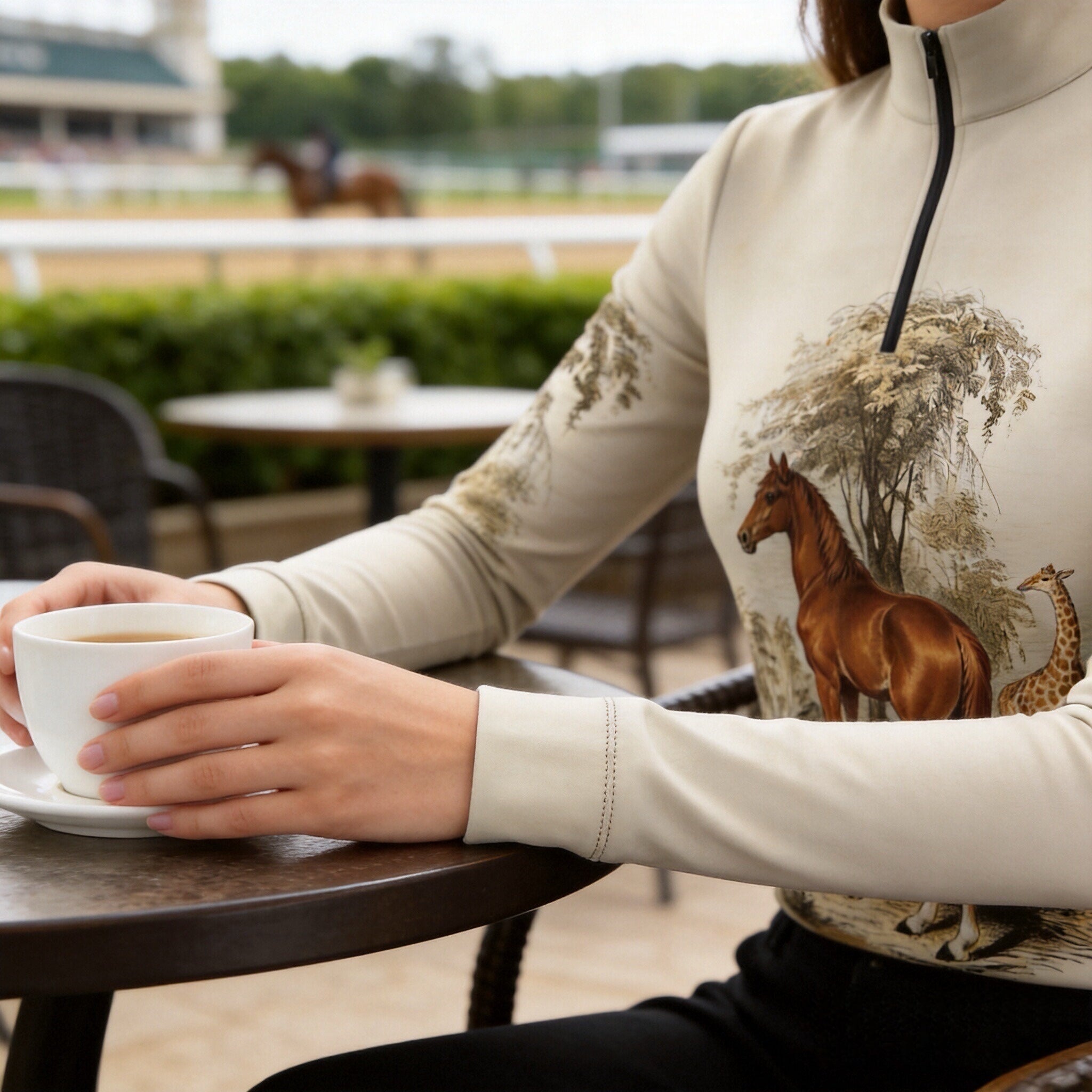 Side shot model seated at outdoor race track cafe table holding coffee mug wearing cream vintage sepia horse giraffe wildlife long sleeve riding top