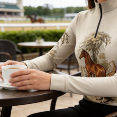 Side shot model seated at outdoor race track cafe table holding coffee mug wearing cream vintage sepia horse giraffe wildlife long sleeve riding top
