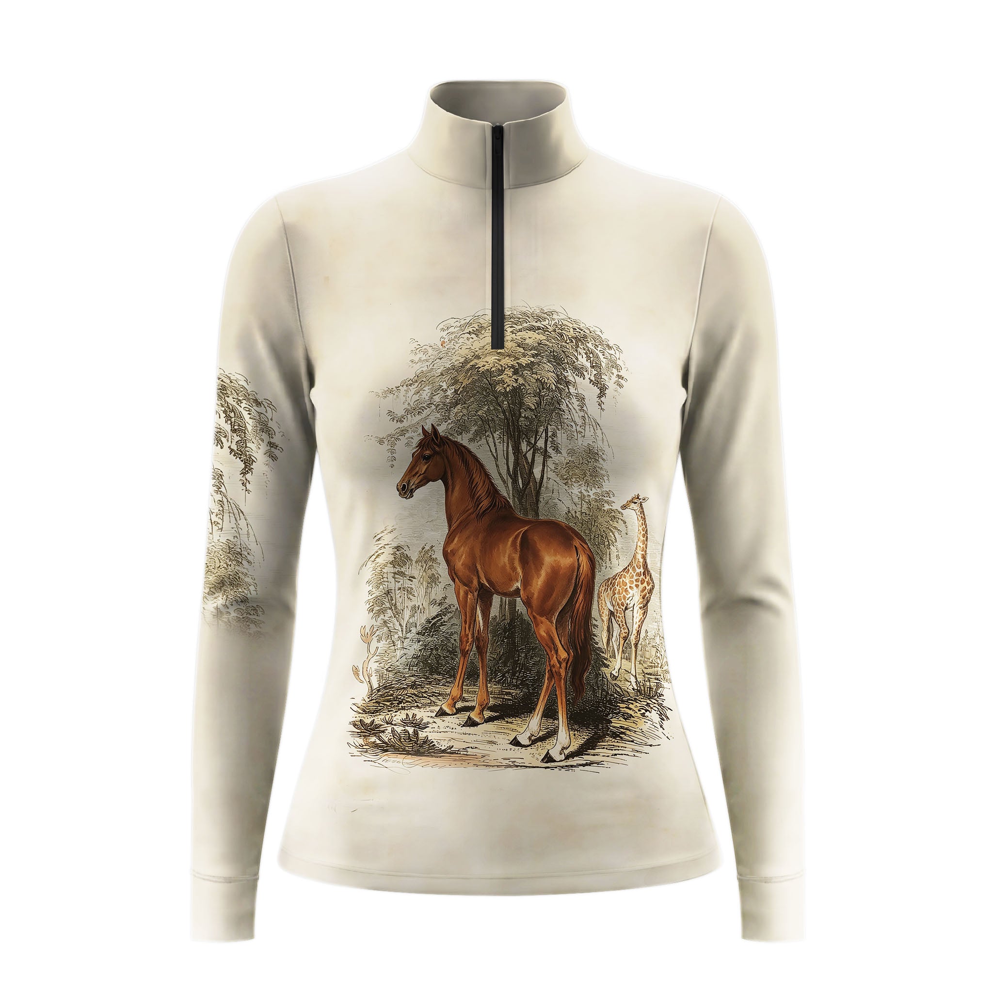 White background studio shot of soft cream vintage engraving horse giraffe tree botanical print long sleeve quarter zip riding top
