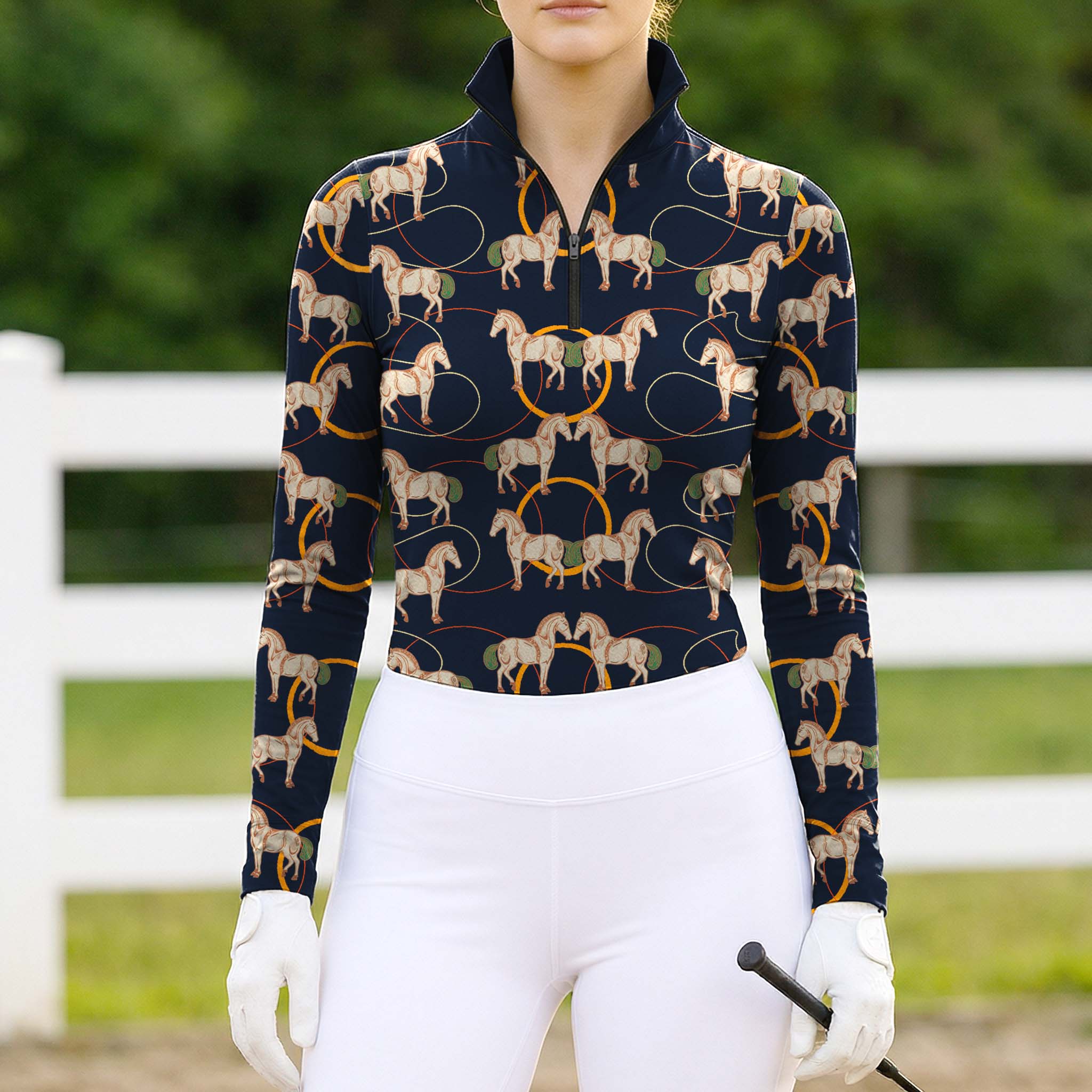 Full-body model shot wearing classic old-money equestrian sketch riding top at sunlit green pasture white wooden fence