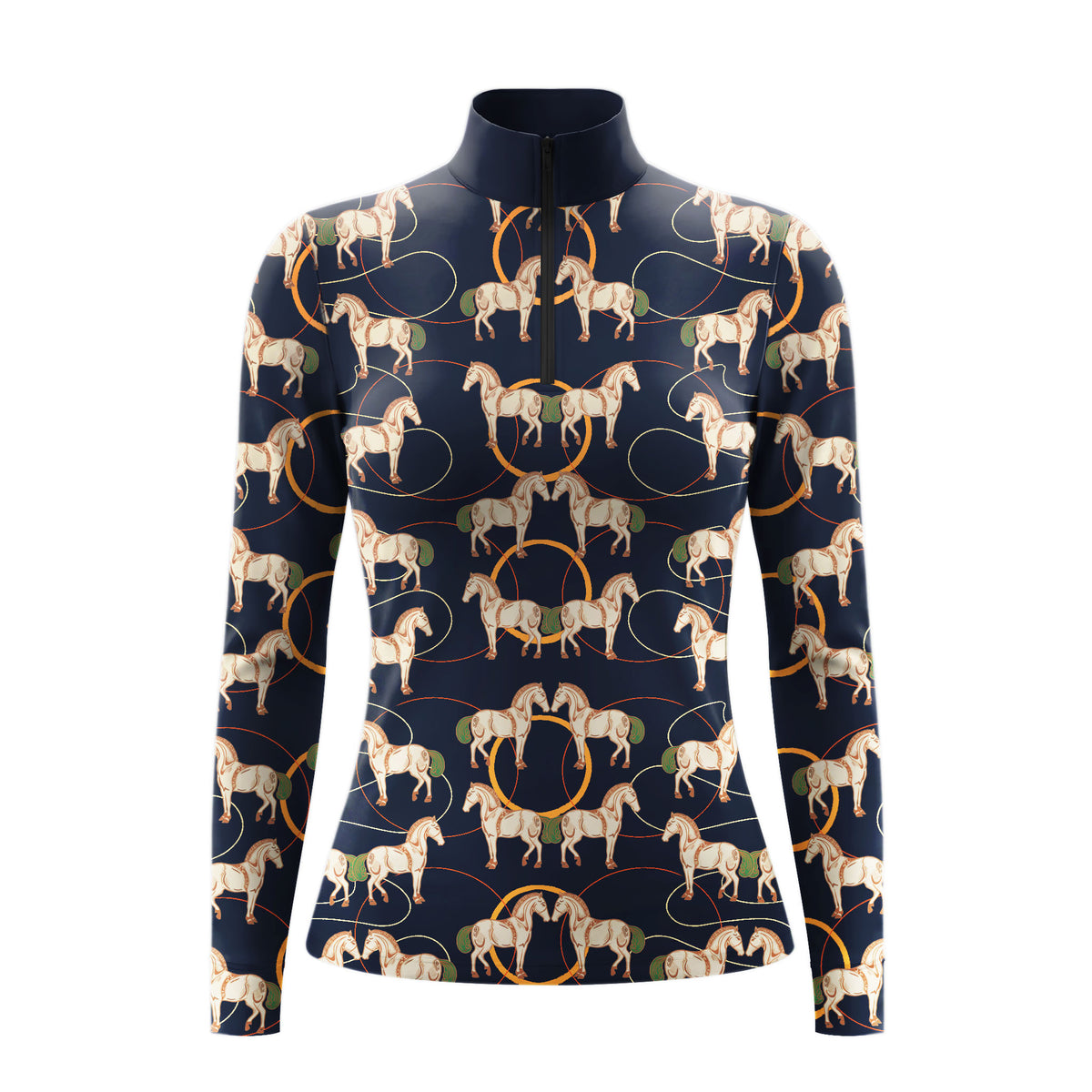 White background studio shot of deep navy vintage line art horse golden hoop allover print long sleeve quarter zip riding top