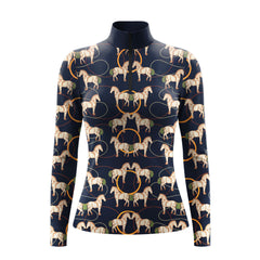 White background studio shot of deep navy vintage line art horse golden hoop allover print long sleeve quarter zip riding top