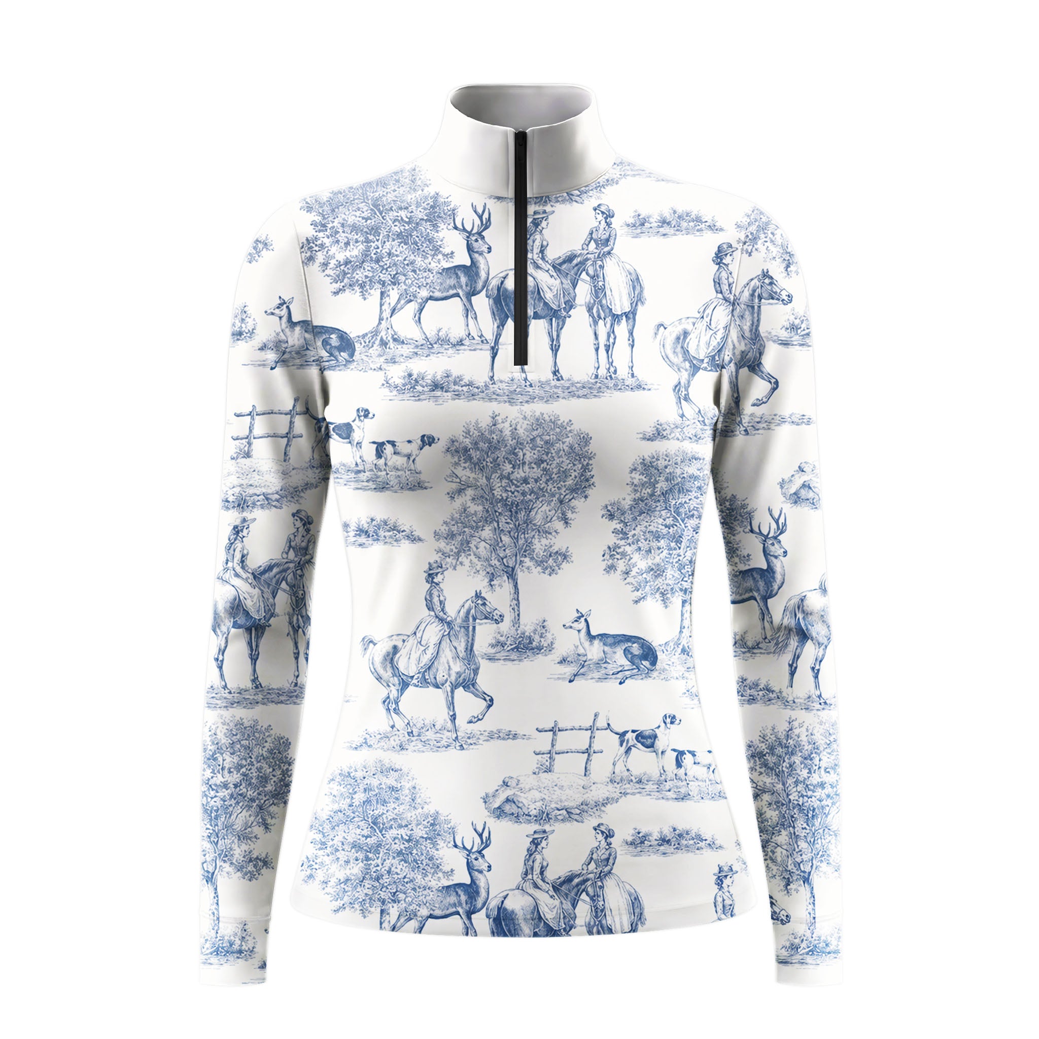 White background studio product shot of full off-white vintage blue toile de jouy pastoral horse rider stag deer hunting dog tree all-over print long sleeve quarter-zip riding top
