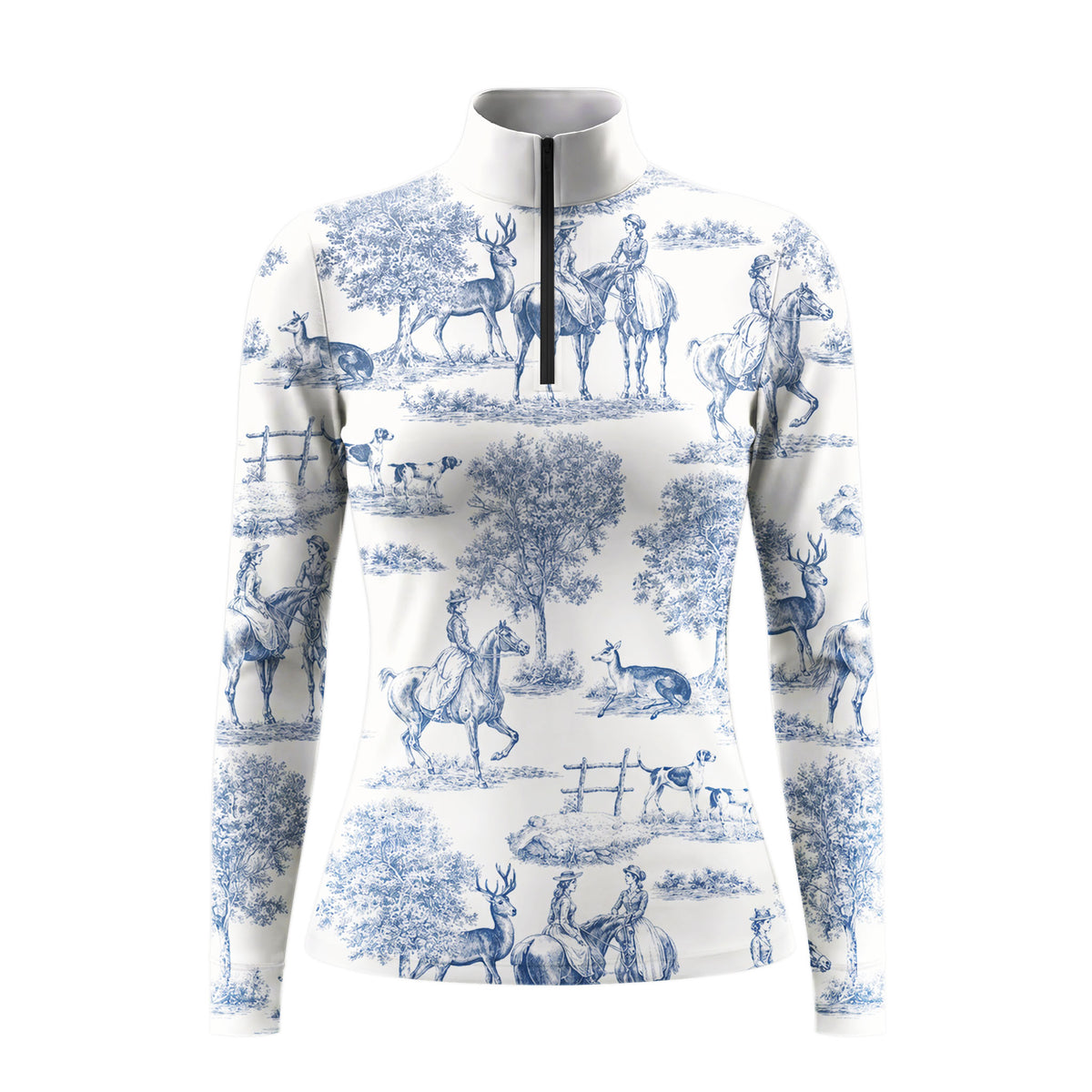 White background studio product shot of full off-white vintage blue toile de jouy pastoral horse rider stag deer hunting dog tree all-over print long sleeve quarter-zip riding top
