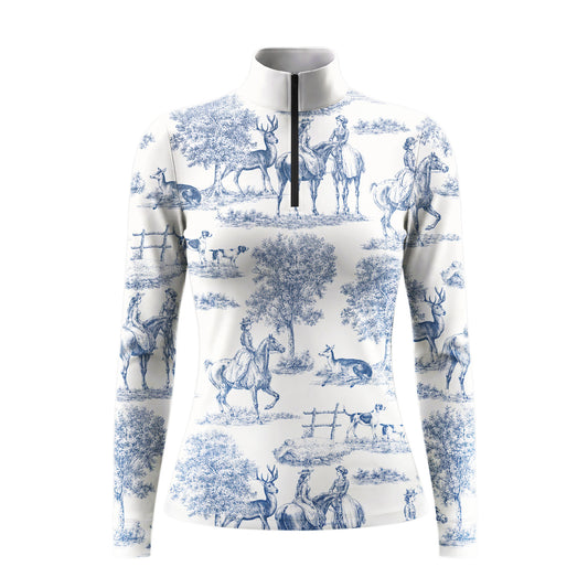 White background studio product shot of full off-white vintage blue toile de jouy pastoral horse rider stag deer hunting dog tree all-over print long sleeve quarter-zip riding top

