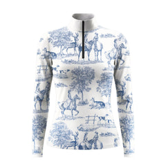 White background studio product shot of full off-white vintage blue toile de jouy pastoral horse rider stag deer hunting dog tree all-over print long sleeve quarter-zip riding top
