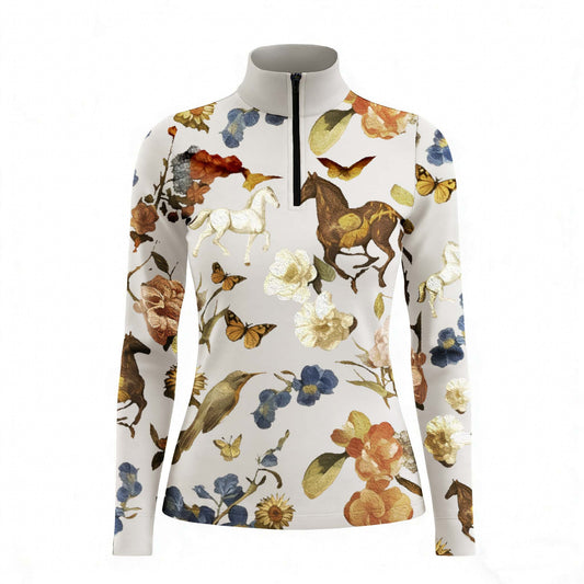 White background studio shot of soft off-white vintage watercolor wildflower horse bird golden butterfly allover print long sleeve quarter zip riding top
