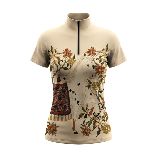 White background studio flat lay product shot of full cream beige short sleeve quarter-zip equestrian riding top with large front vintage spotted white horse autumn floral heart tassel graphic print
