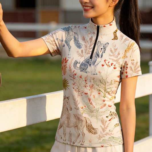 Smiling model wearing cream vintage horse dog print riding top touching a horse at sunlit white pasture fence