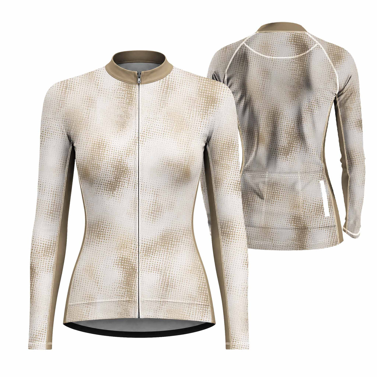 Dual front and back flat layout of ladies long sleeve cycling jersey with tan beige gradient halftone dot print, matching khaki collar isolated white background
