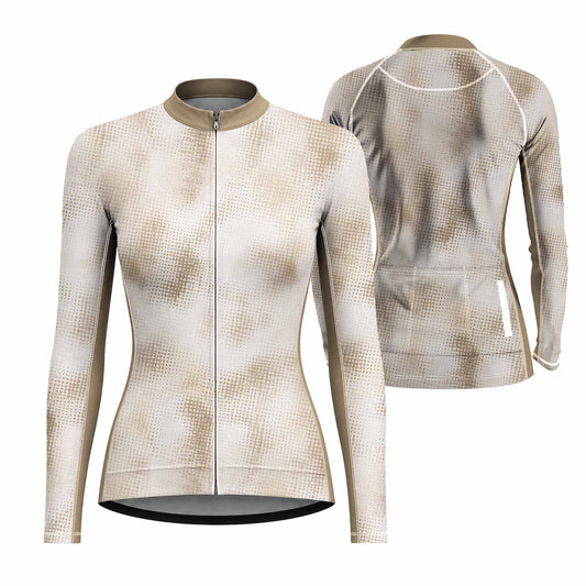 Dual front and back flat layout of ladies long sleeve cycling jersey with tan beige gradient halftone dot print, matching khaki collar isolated white background
