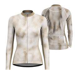 Dual front and back flat layout of ladies long sleeve cycling jersey with tan beige gradient halftone dot print, matching khaki collar isolated white background
