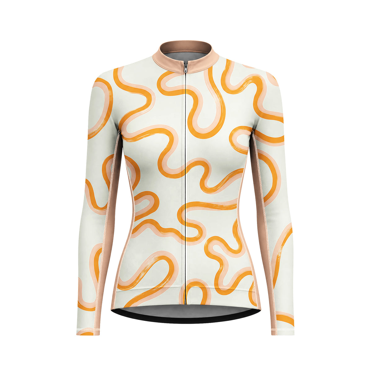 Female model wearing cream orange wavy curve long sleeve bike jersey riding winding mountain road at golden hour, front partial torso view
