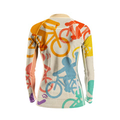 Back flat lay of women full zip cycling jersey colorful rider print, rear storage pocket and reflective strip detail white background
