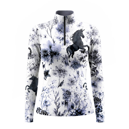 Studio flat view of the Watercolor Floral Unicorn Print Long-Sleeve Quarter-Zip Riding Top, showcasing the full print details
