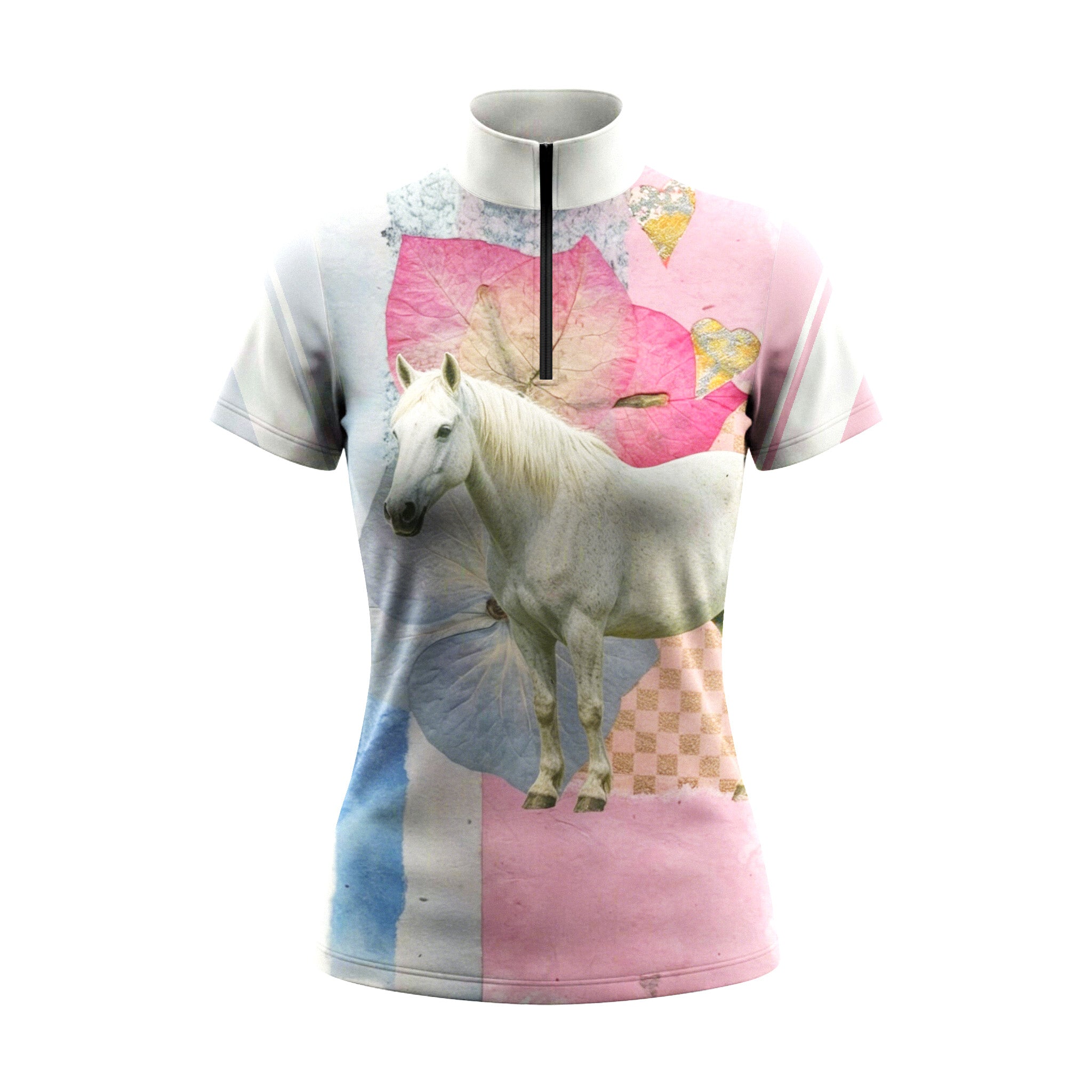 Studio flat view of the Watercolor Floral White Horse Print Short-Sleeve Quarter-Zip Riding Top, showcasing the full print details
