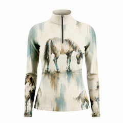 Clean white background studio product shot of beige teal watercolor grazing horse full print long sleeve riding top
