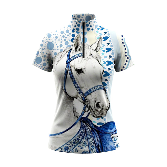 White background studio shot of blue watercolor horse portrait short sleeve quarter zip riding top