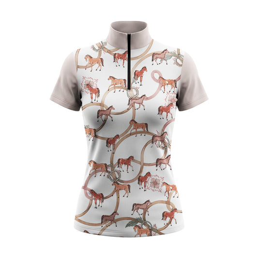 White background studio shot of soft watercolor horse print short sleeve quarter zip riding top
