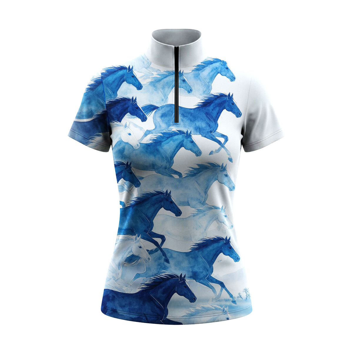 White background studio shot of pale white watercolor galloping horse print short sleeve quarter zip riding top
