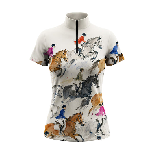 White background studio product photo showing complete hand-painted watercolor show jumping horse and rider allover print
