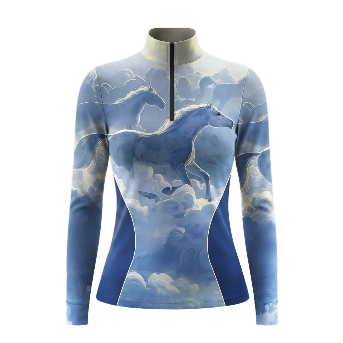 White background studio product shot of full sky blue watercolor cloud galloping translucent horse navy piped side panel print long sleeve quarter-zip riding top
