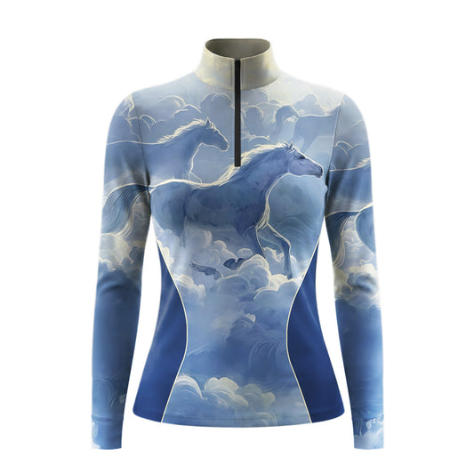 White background studio product shot of full sky blue watercolor cloud galloping translucent horse navy piped side panel print long sleeve quarter-zip riding top
