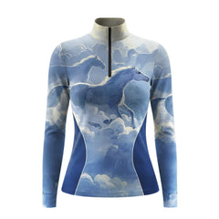 White background studio product shot of full sky blue watercolor cloud galloping translucent horse navy piped side panel print long sleeve quarter-zip riding top
