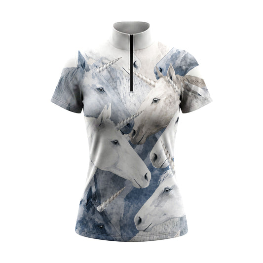 Clean white‑background studio mockup of cool blue‑grey watercolor unicorn quarter‑zip short‑sleeve riding top