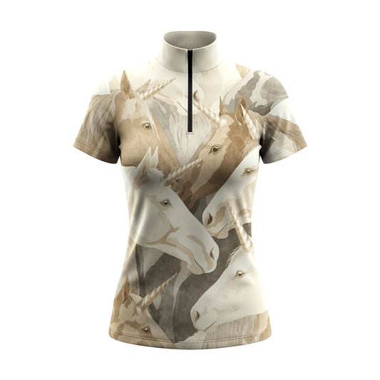 Clean white‑background studio mockup of neutral beige‑tan watercolor unicorn quarter‑zip short‑sleeve riding top