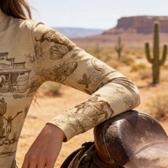 Model wearing sepia cowboy print riding top leaning on a leather saddle in the desert