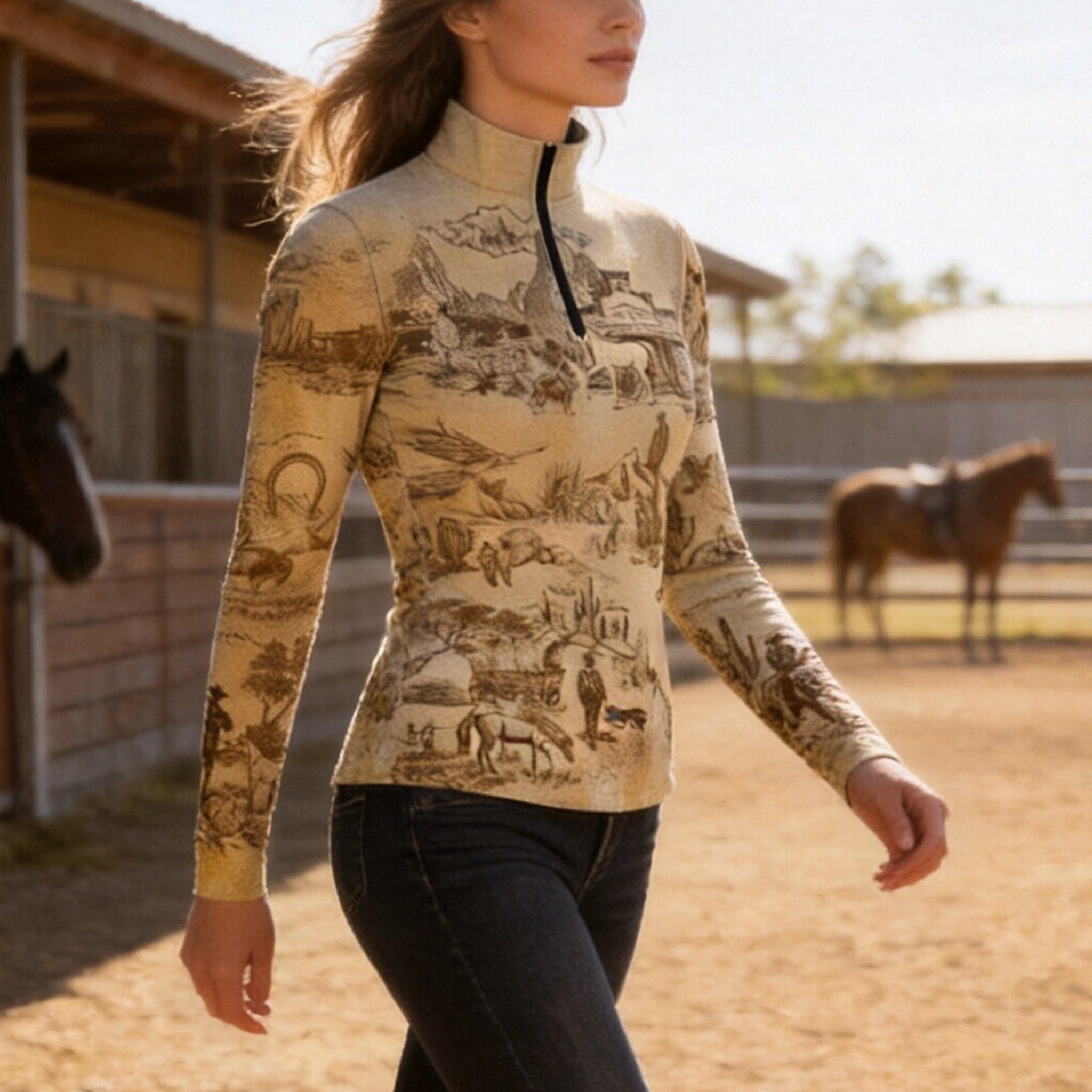 Model wearing vintage Western riding top walking through sunlit stable yard