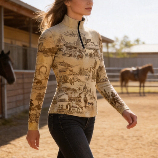 Model wearing vintage Western riding top walking through sunlit stable yard