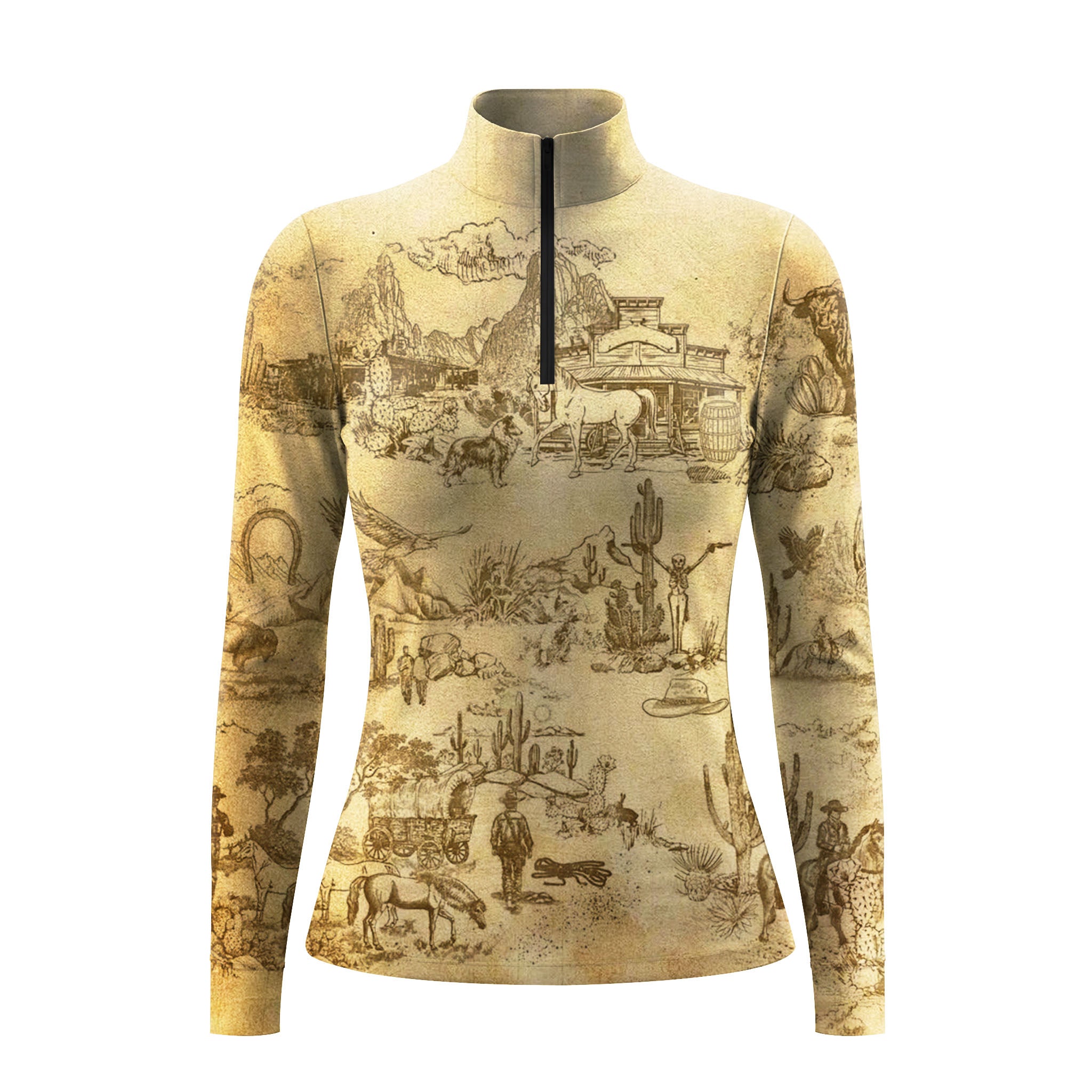 White background studio shot of vintage Western cowboy landscape long sleeve quarter zip riding top