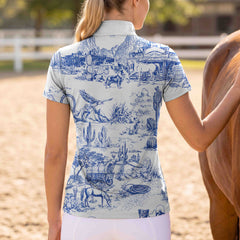 Warm sunlit countryside stable rear profile shot of model wearing soft off-white classic wild west desert toile cactus eagle horse short sleeve quarter-zip riding top
