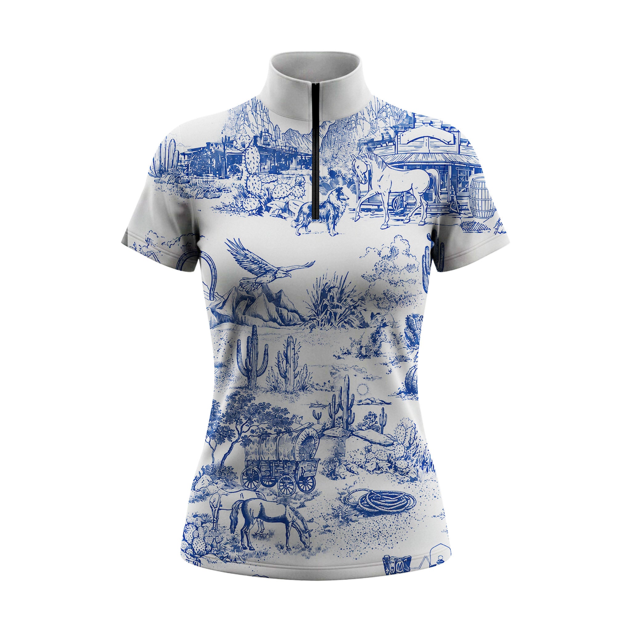 White background studio flat lay product shot of full off-white vintage blue western wild west desert cactus eagle horse cowboy toile de jouy all-over print short sleeve quarter-zip riding top